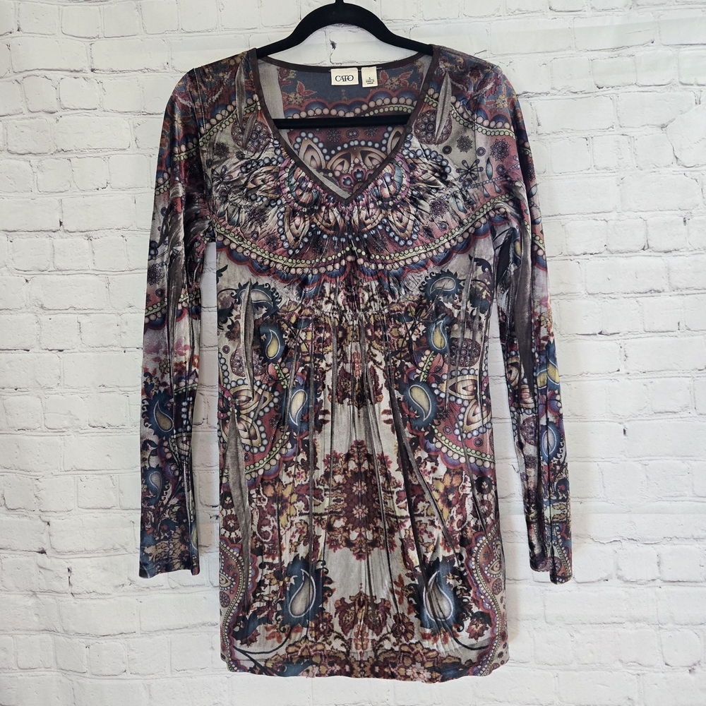 Cato Multi‎ Paisley Velour Tunic Top S Boho Retro Fairy Soft Grunge Whimsigoth